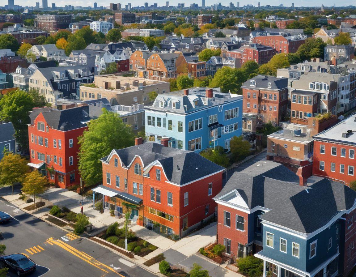A dynamic cityscape of Somerville with modern high-rise buildings alongside charming historical homes. Integrate a diverse group of enthusiastic first-time buyers and shrewd investors discussing and pointing towards properties. Include elements of growth like upward arrows and success charts. super-realistic. vibrant colors.
