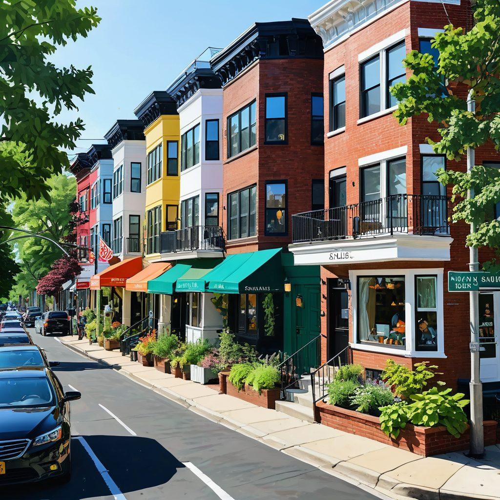 A vibrant cityscape of Somerville, with a mix of sleek, modern condo buildings and charming historical homes. Include busy streets with people, outdoor cafes, and lush greenery, capturing the lively community atmosphere. Highlight a couple of 'For Sale' signs outside some condos to signify hot listings. Digital painting. vibrant colors. white background.