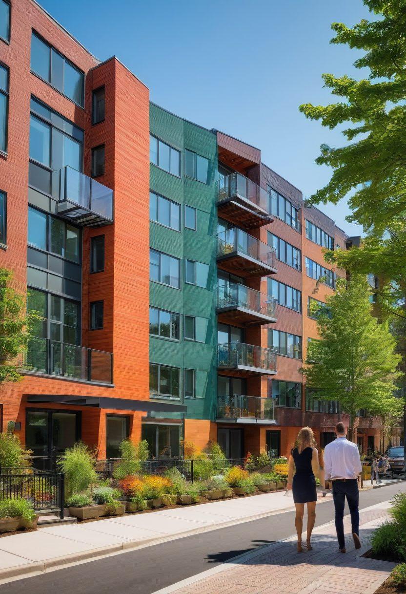 A vibrant streetscape of Somerville, featuring modern condos with stylish architecture, green spaces, and community areas. Include prospective buyers excitedly viewing listings, a real estate agent showing a condo, and a graph in the background indicating market trends. Add an overlay of key buying tips as illustrated icons. super-realistic. vibrant colors. dynamic setting.